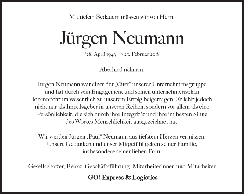  Traueranzeige für Jürgen Neumann vom 03.03.2018 aus Süddeutsche Zeitung