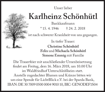 Traueranzeige von Karlheinz Schönhütl von Süddeutsche Zeitung