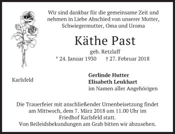 Traueranzeige von Käthe Past von Süddeutsche Zeitung