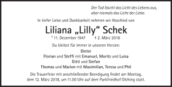 Traueranzeige von Liliana Schek von Süddeutsche Zeitung