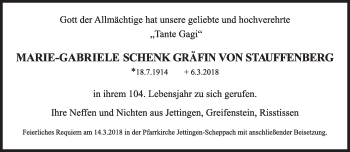 Traueranzeige von MArie-Gabriele Schenk Gräfin v.Stauffenberg  von Süddeutsche Zeitung