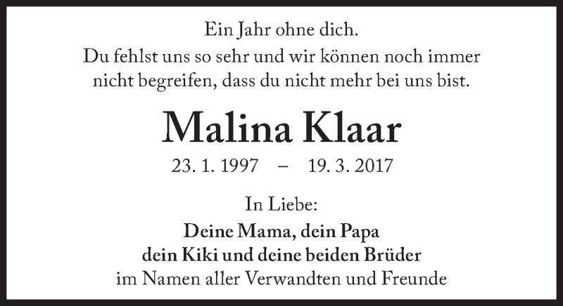  Traueranzeige für Malina Klaar vom 19.03.2018 aus Süddeutsche Zeitung