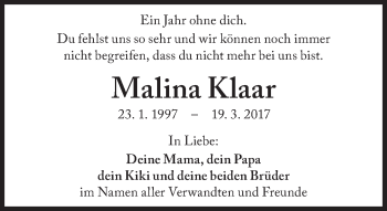 Traueranzeige von Malina Klaar von Süddeutsche Zeitung