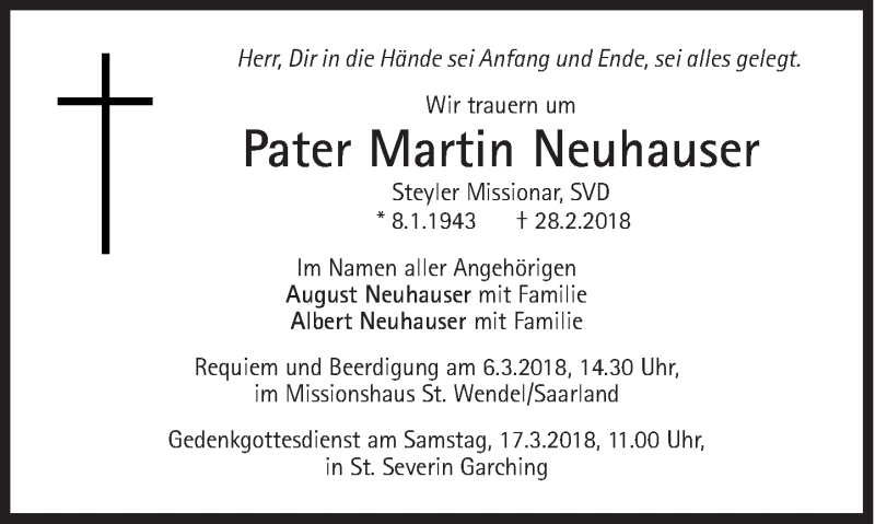  Traueranzeige für Martin Neuhauser vom 03.03.2018 aus Süddeutsche Zeitung