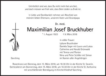 Traueranzeige von Maximilian Josef Bruckhuber von Süddeutsche Zeitung