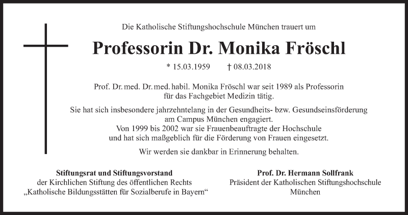  Traueranzeige für Monika Fröschl vom 15.03.2018 aus Süddeutsche Zeitung