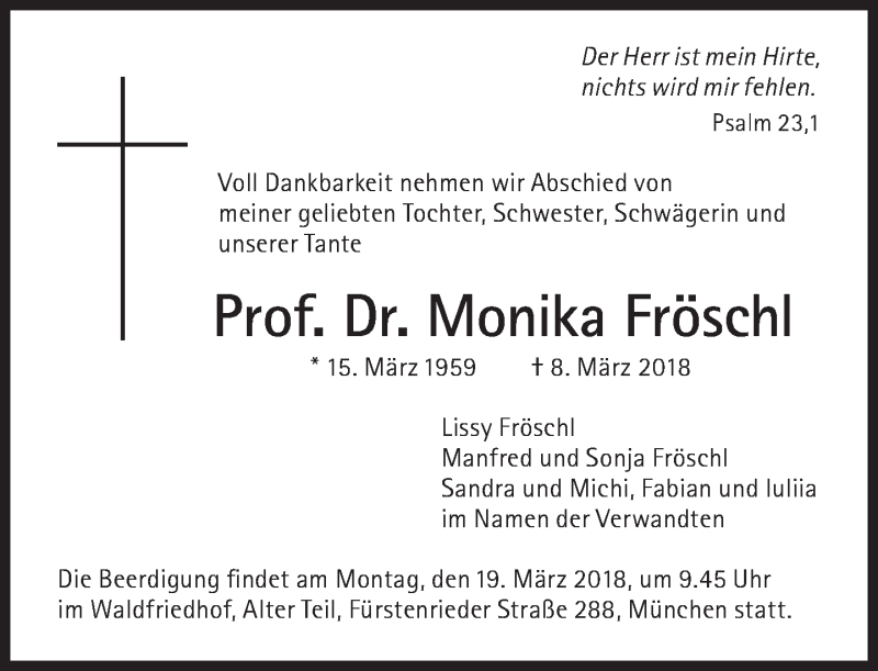  Traueranzeige für Monika Fröschl vom 17.03.2018 aus Süddeutsche Zeitung