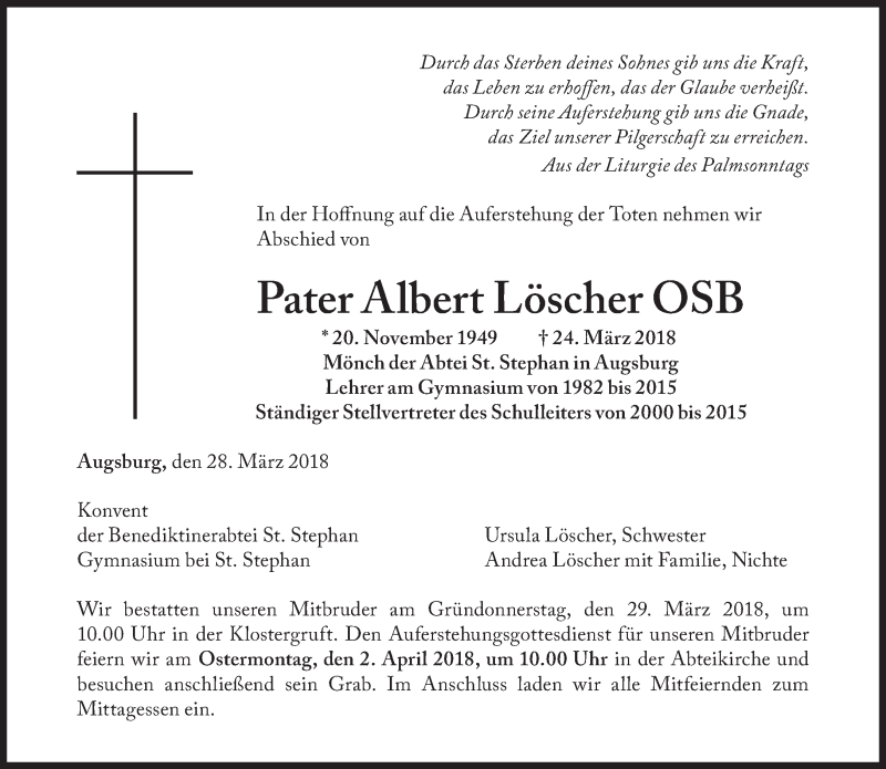  Traueranzeige für Pater Albert Löscher vom 28.03.2018 aus Süddeutsche Zeitung
