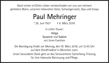 Traueranzeige von Paul Mehringer von Süddeutsche Zeitung