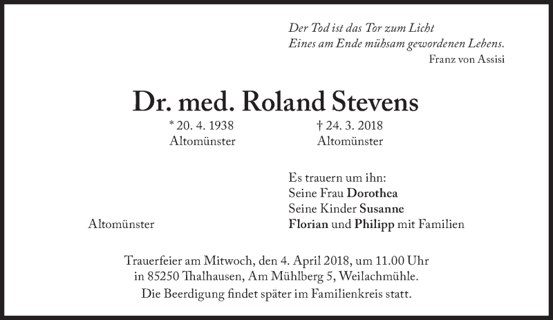  Traueranzeige für Roland Stevens vom 29.03.2018 aus Süddeutsche Zeitung