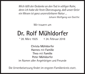 Traueranzeige von Rolf Mühldorfer von Süddeutsche Zeitung