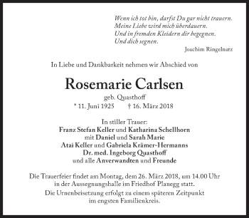 Traueranzeige von Rosemarie Carlsen von Süddeutsche Zeitung