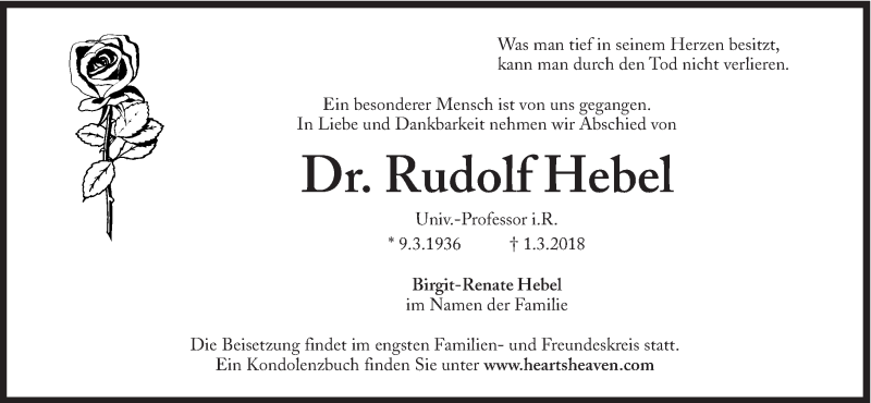  Traueranzeige für Rudolf Hebel vom 10.03.2018 aus Süddeutsche Zeitung