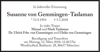 Traueranzeige von Susanne von Gemmingen Taslaman von Süddeutsche Zeitung