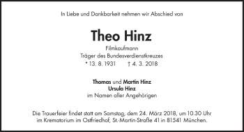 Traueranzeige von Theo Hinz von Süddeutsche Zeitung