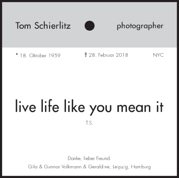 Traueranzeige von Tom Schierlitz von Süddeutsche Zeitung