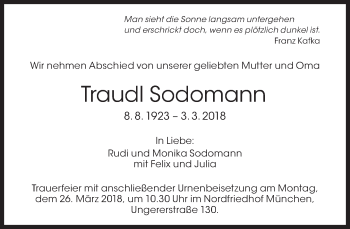 Traueranzeige von Traudl Sodomann von Süddeutsche Zeitung