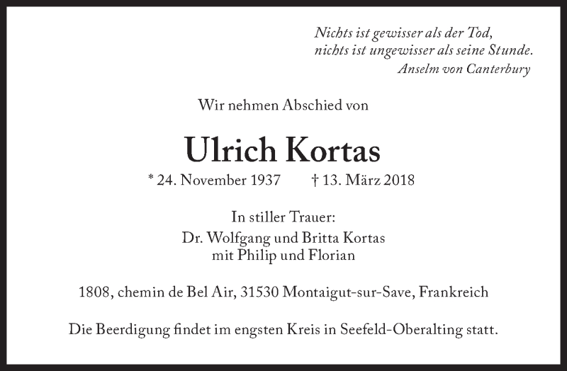  Traueranzeige für Ulrich Kortas vom 21.03.2018 aus Süddeutsche Zeitung