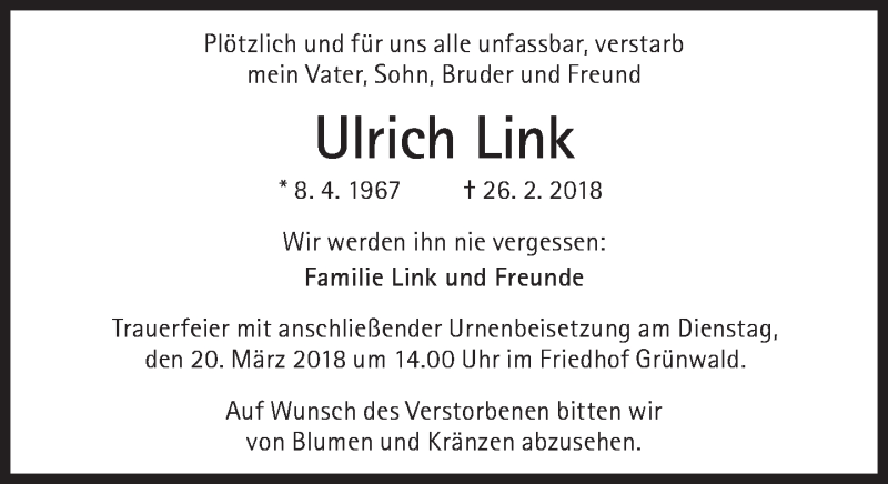  Traueranzeige für Ulrich Link vom 17.03.2018 aus Süddeutsche Zeitung