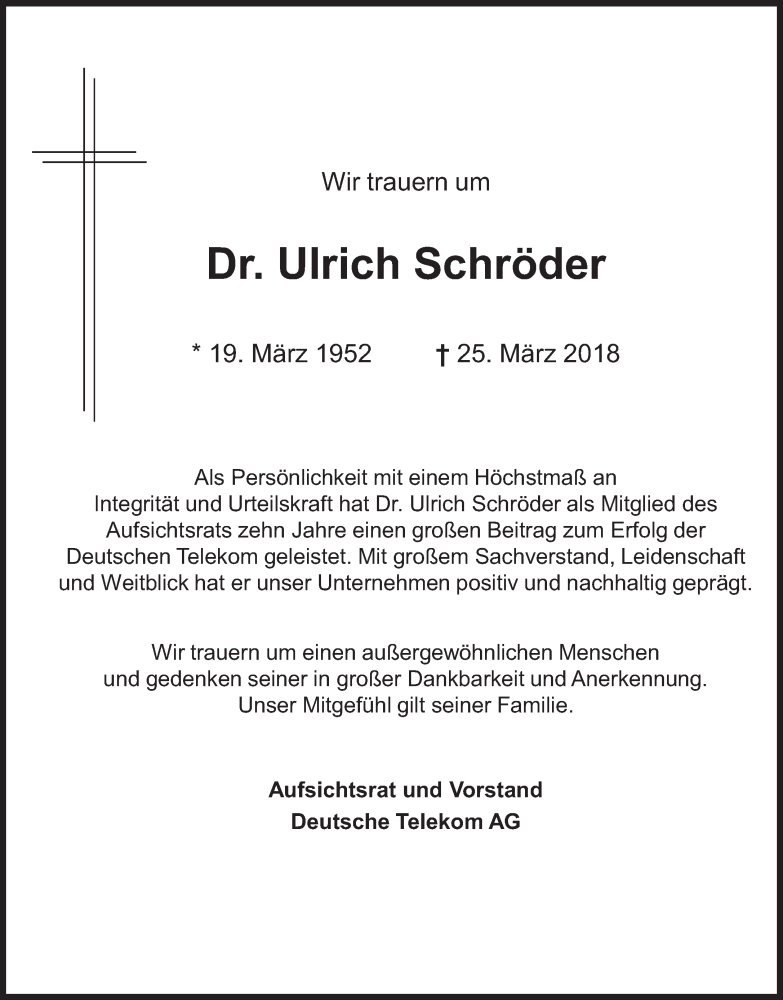  Traueranzeige für Ulrich Schröder vom 29.03.2018 aus Süddeutsche Zeitung