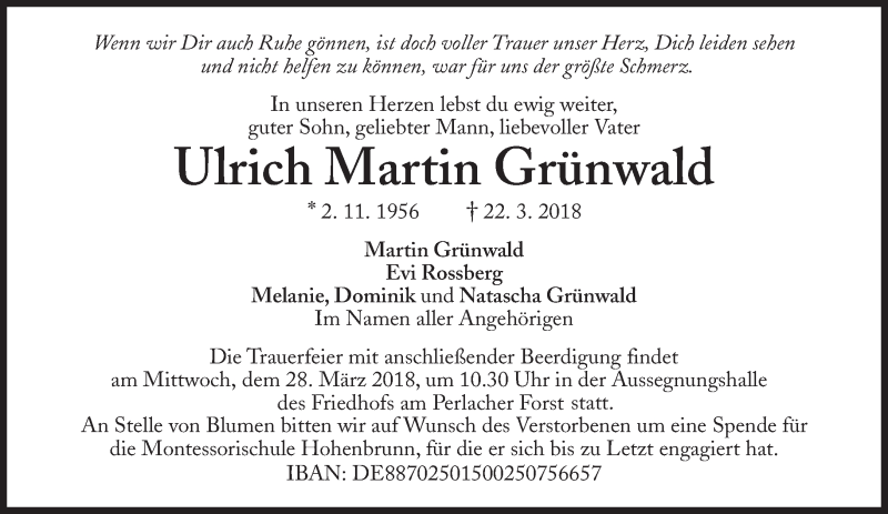  Traueranzeige für Ulrich Martin Grünwald vom 26.03.2018 aus Süddeutsche Zeitung