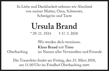Traueranzeige von Ursula Brand von Süddeutsche Zeitung