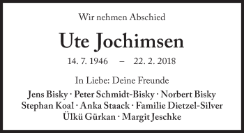 Traueranzeige von Ute Jochimsen von Süddeutsche Zeitung