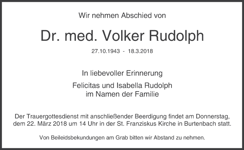  Traueranzeige für Volker Rudolph vom 20.03.2018 aus Süddeutsche Zeitung