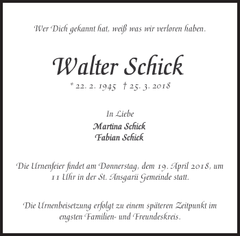 Traueranzeige von Walter Schick von Süddeutsche Zeitung
