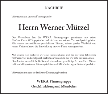 Traueranzeige von Werner   Mützel  von Süddeutsche Zeitung