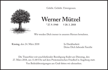 Traueranzeige von Werner Mützel von Süddeutsche Zeitung