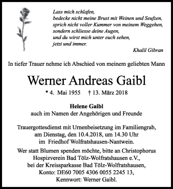 Traueranzeige von Werner Andreas Gaibl von Süddeutsche Zeitung