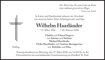 Traueranzeige von Wilhelm Haarländer von Süddeutsche Zeitung