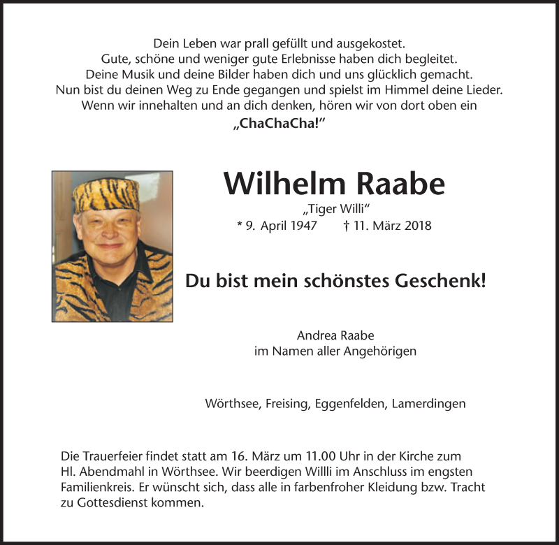  Traueranzeige für Wilhelm Raabe vom 13.03.2018 aus Süddeutsche Zeitung