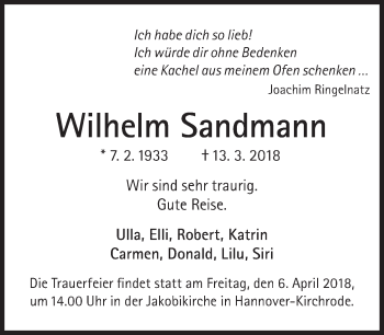 Traueranzeige von Wilhelm Sandmann von Süddeutsche Zeitung