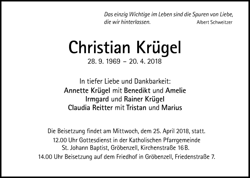  Traueranzeige für Christian Krügel vom 24.04.2018 aus Süddeutsche Zeitung