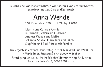 Traueranzeige von Anna Wende von Süddeutsche Zeitung