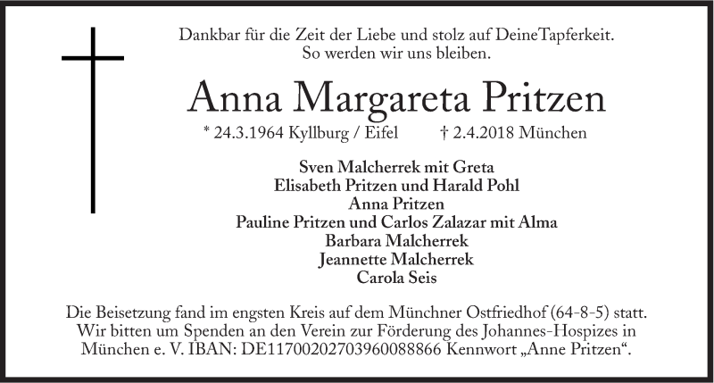  Traueranzeige für Anna Margareta Pritzen vom 28.04.2018 aus Süddeutsche Zeitung