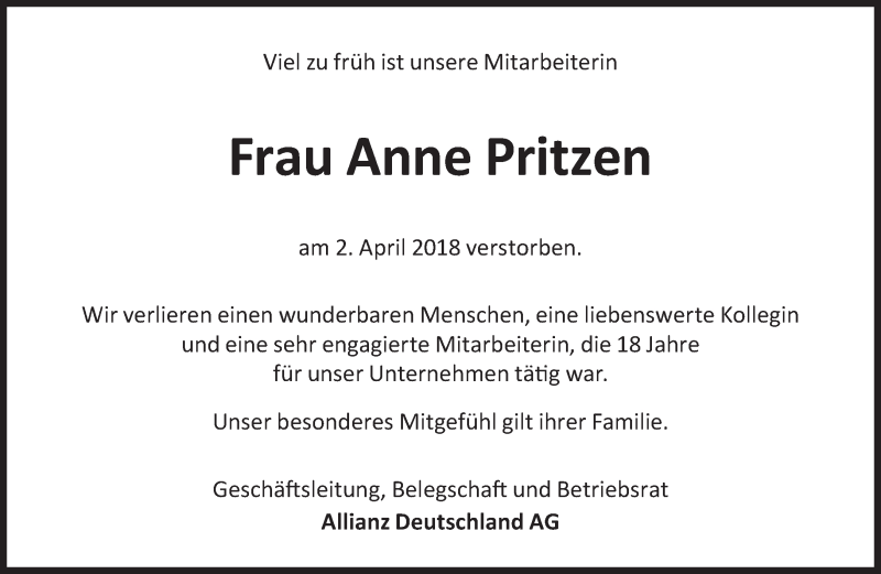  Traueranzeige für Anna Margareta Pritzen vom 28.04.2018 aus Süddeutsche Zeitung