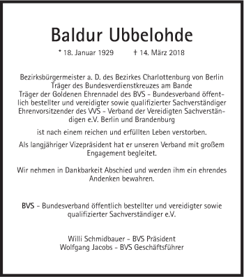 Traueranzeige von Baldur Ubbelohde von Süddeutsche Zeitung