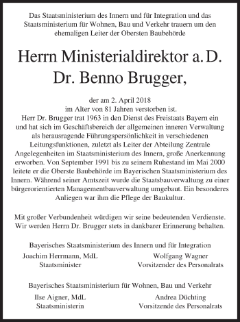 Traueranzeige von Benno Brugger von Süddeutsche Zeitung