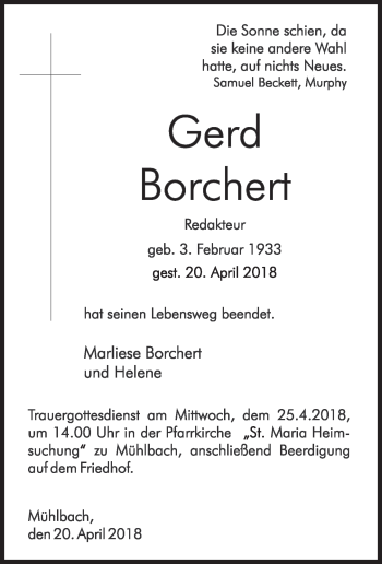 Traueranzeige von Borchert Gerd von Süddeutsche Zeitung