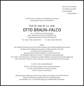 Traueranzeige von Braun-Falco Otto von Süddeutsche Zeitung