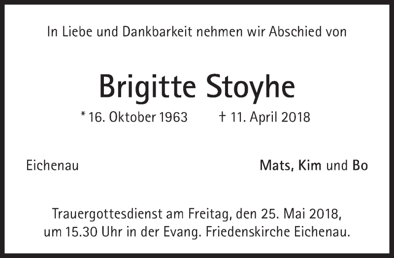  Traueranzeige für Brigitte Stoyhe vom 21.04.2018 aus Süddeutsche Zeitung
