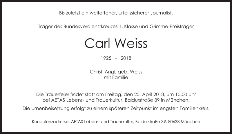  Traueranzeige für Carl Weiss vom 14.04.2018 aus Süddeutsche Zeitung