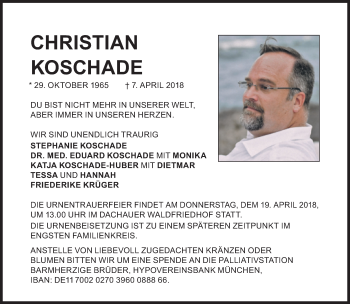 Traueranzeige von Christian Koschade  von Süddeutsche Zeitung