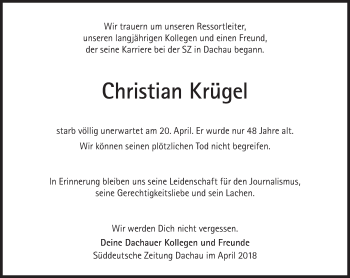 Traueranzeige von Christian Krügel von Süddeutsche Zeitung