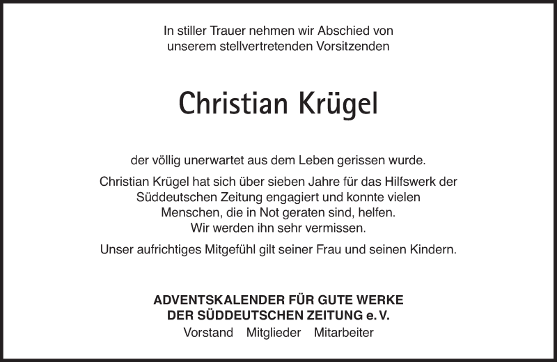  Traueranzeige für Christian Krügel vom 25.04.2018 aus Süddeutsche Zeitung