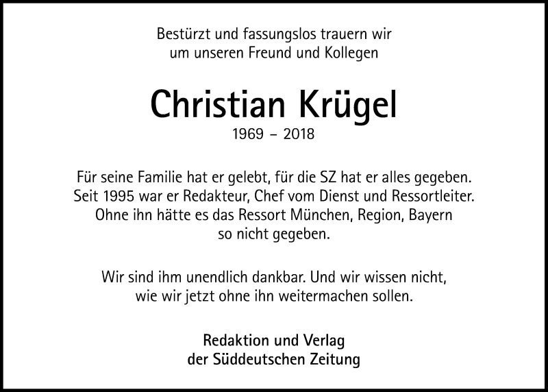  Traueranzeige für Christian Krügel vom 24.04.2018 aus Süddeutsche Zeitung