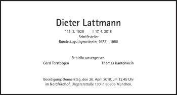 Traueranzeige von Dieter Lattmann von Süddeutsche Zeitung